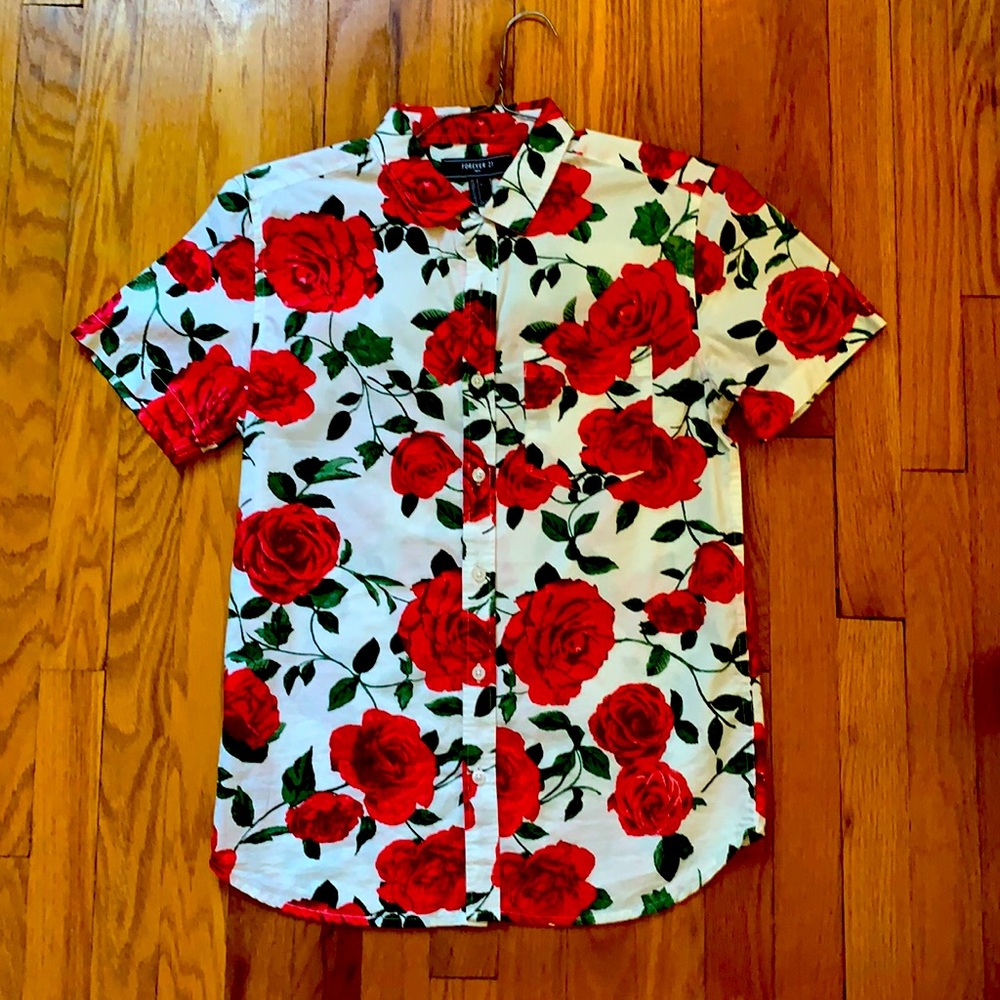 Casual red rose button down shirt